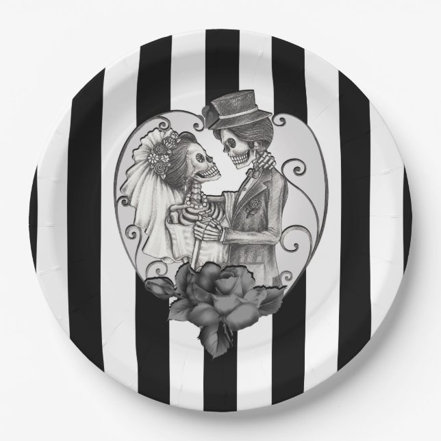 Skeleton Love Couple Marriage Dance Gothic Wedding Paper Plates (Front)