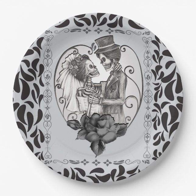 Skeleton Love Couple Marriage Dance Gothic Wedding Paper Plates (Front)