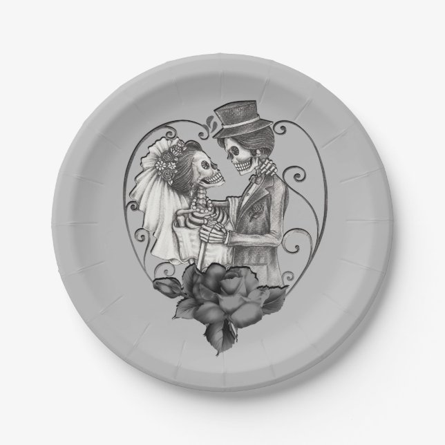 Skeleton Love Couple Marriage Dance Wedding Paper Plates (Front)