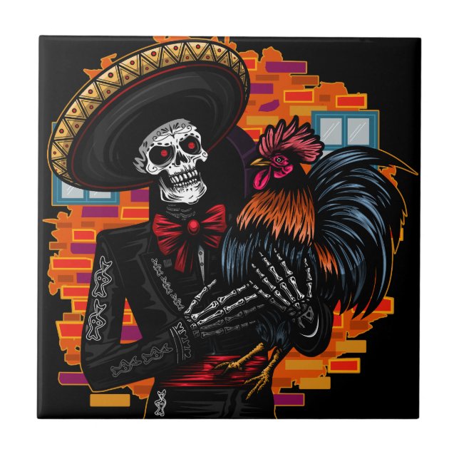 Skeleton Mariachi with Rooster Ceramic Tile (Front)
