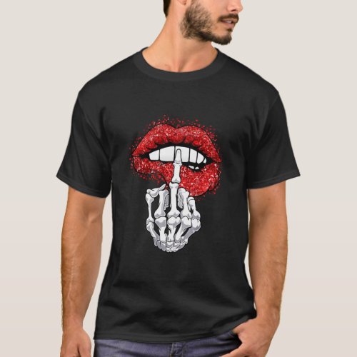 Skeleton Middle Finger And Lips Funny Halloween T_Shirt