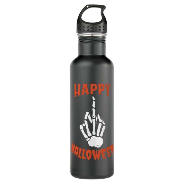 Skeleton Middle Finger Happy Halloween Stainless Steel Water Bottle (Front)