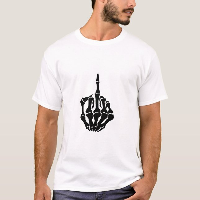 Skeleton Middle Finger White Men T-shirts (Front)