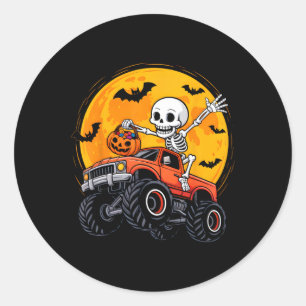 Skeleton Monster Truck Moon Pumpkin Halloween Boys Classic Round Sticker