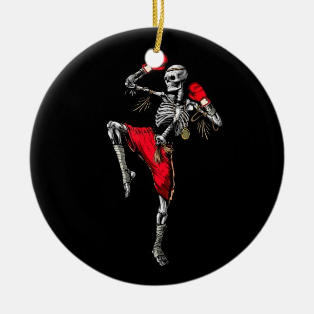 Skeleton Muay Thai Halloween Kickboxing MMA Fighte Ceramic Ornament (Front)