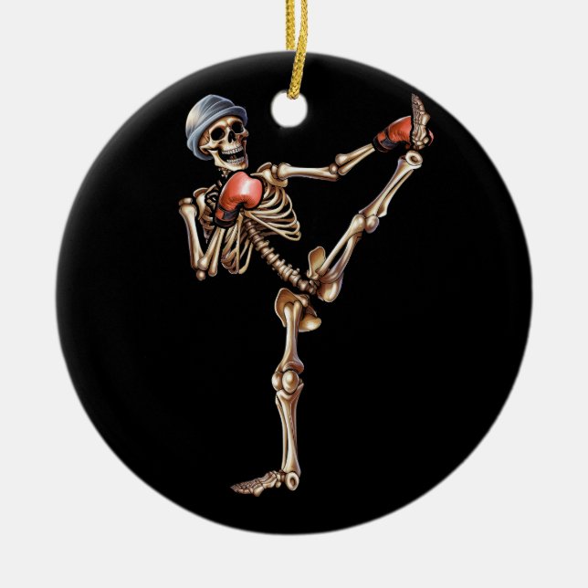 Skeleton Muay Thai Halloween Kickboxing MMA Fighte Ceramic Ornament (Front)