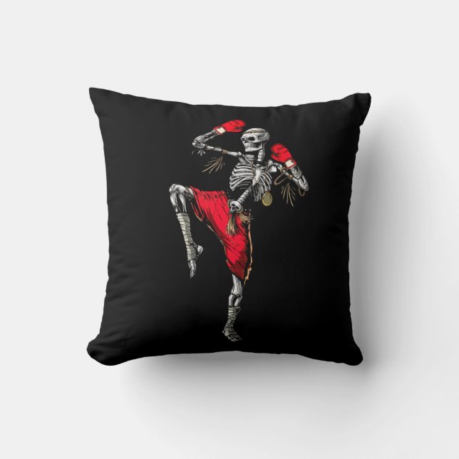 Skeleton Muay Thai Halloween Kickboxing MMA Fighte Throw Pillow (Front)