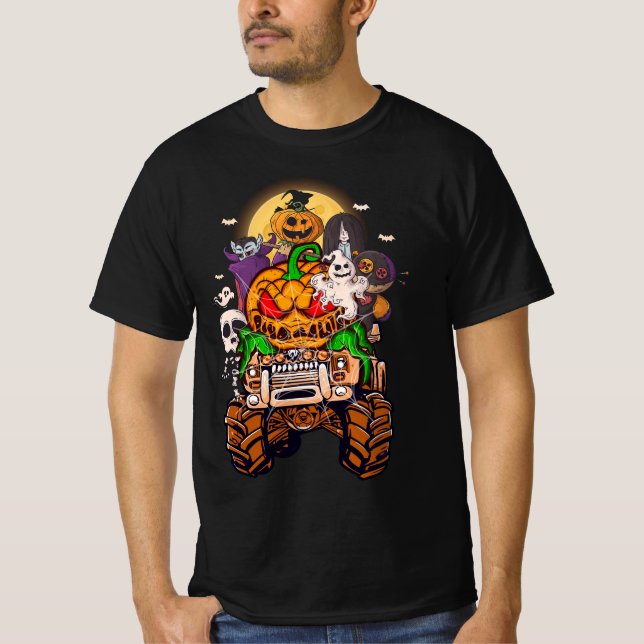 Skeleton Mummy Witch Riding Truck Halloween Funny  T-Shirt (Front)