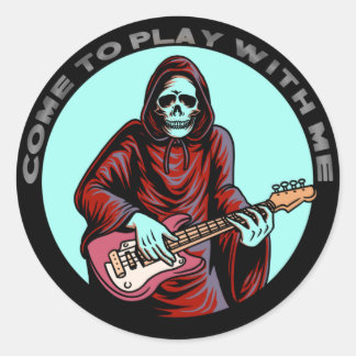 Skeleton musician bass player guitar pick classic round sticker