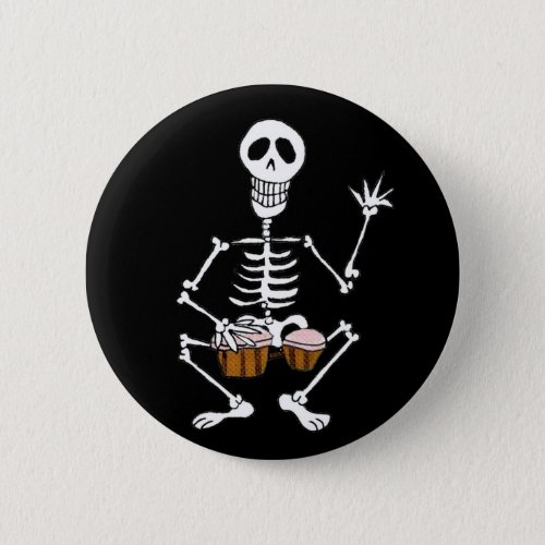 Skeleton Musician Drummer on Bongo Drums  Button