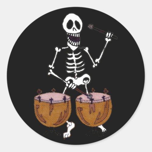 Skeleton Musician Drummer on Kettle Drums Classic Round Sticker