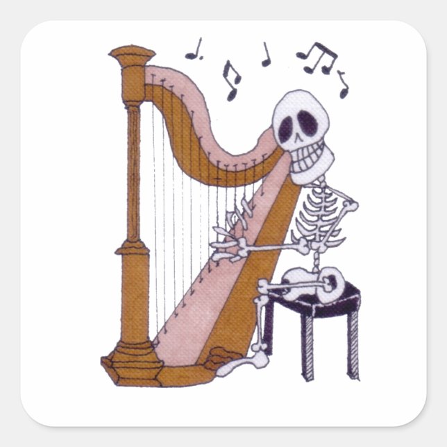 Skeleton Musician Skeleton Harp Player Harpist Square Sticker (Front)