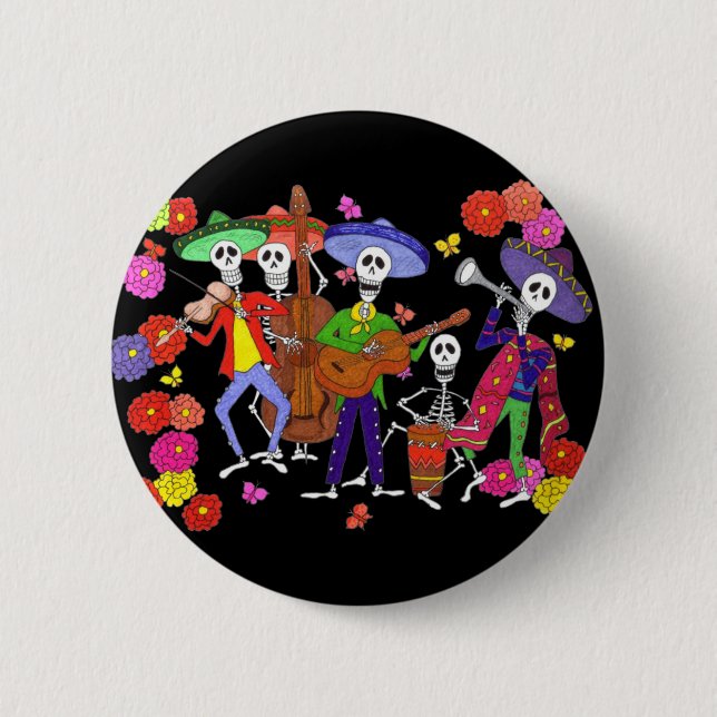 Skeleton Musicians Mariachi Band Guitar Violin +   Button (Front)