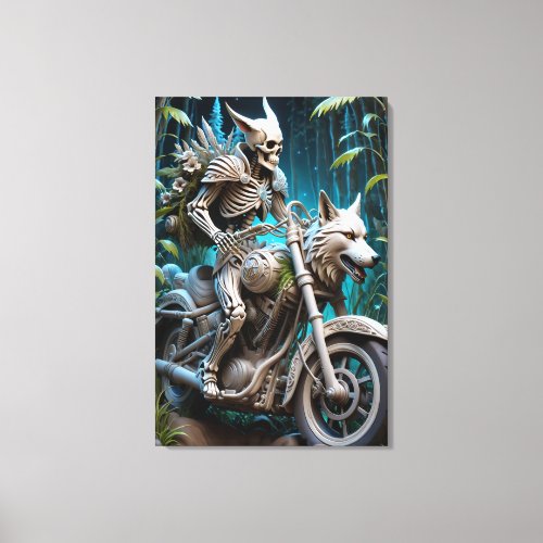 skeleton on a chopper mounted with a wolf head canvas print