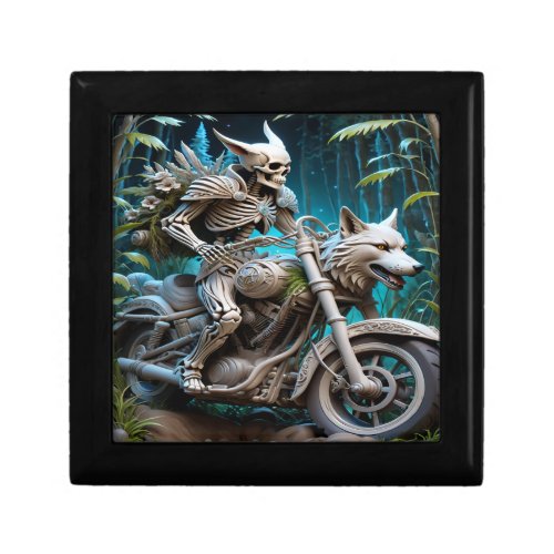 skeleton on a chopper mounted with a wolf head gift box