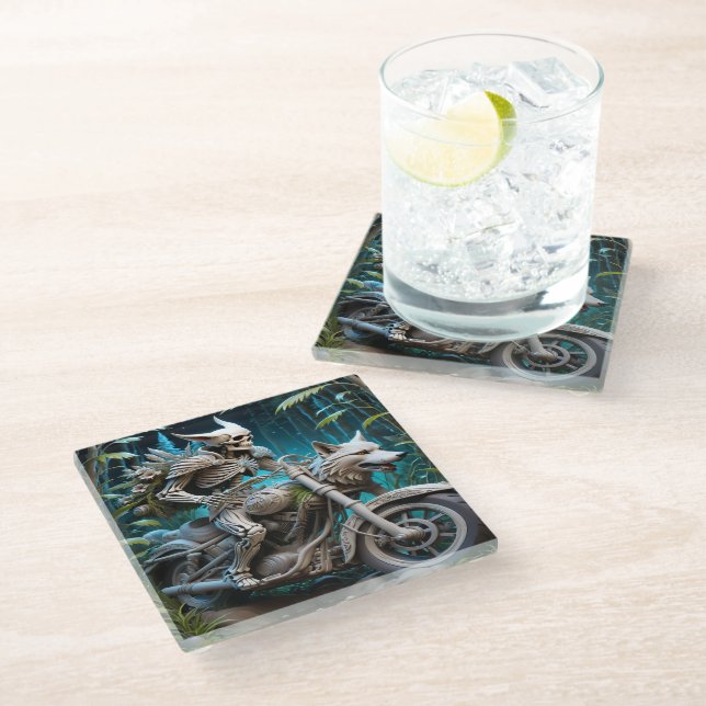 skeleton on a chopper mounted with a wolf head glass coaster (Angled)