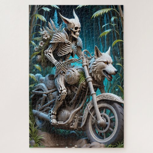 skeleton on a chopper mounted with a wolf head jigsaw puzzle