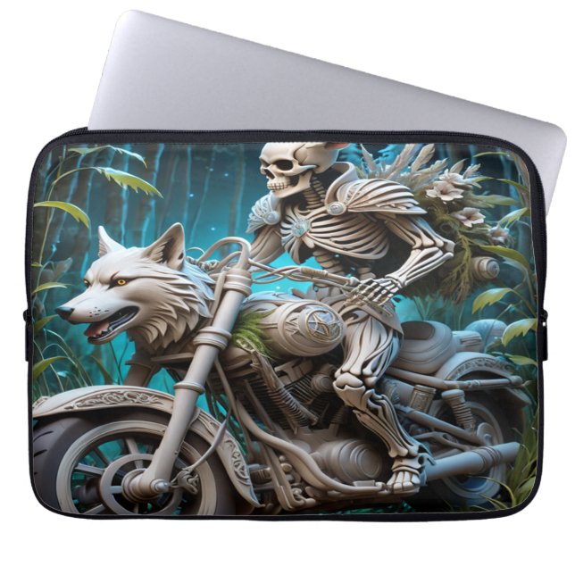 skeleton on a chopper mounted with a wolf head laptop sleeve (Front)