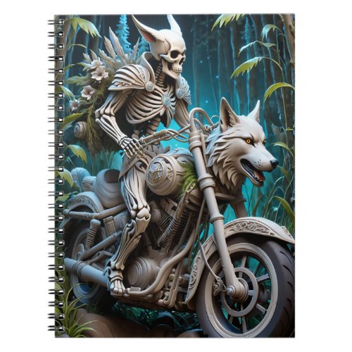 skeleton on a chopper mounted with a wolf head notebook