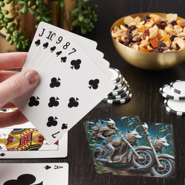 skeleton on a chopper mounted with a wolf head poker cards (In Situ)