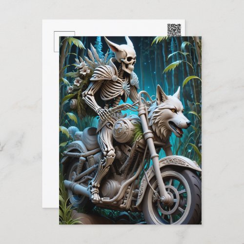 skeleton on a chopper mounted with a wolf head postcard