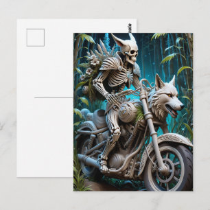 skeleton on a chopper mounted with a wolf head postcard