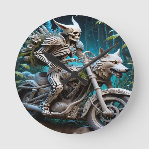 skeleton on a chopper mounted with a wolf head round clock