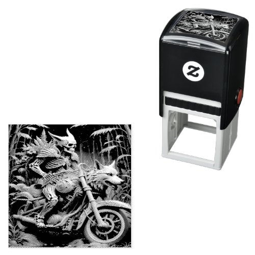 skeleton on a chopper mounted with a wolf head self_inking stamp