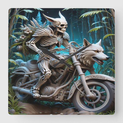 skeleton on a chopper mounted with a wolf head square wall clock