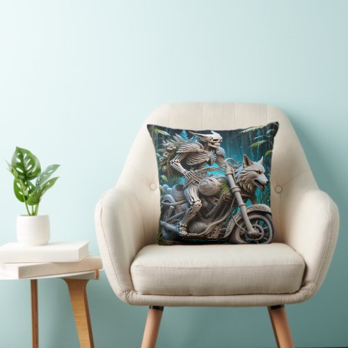 skeleton on a chopper mounted with a wolf head throw pillow