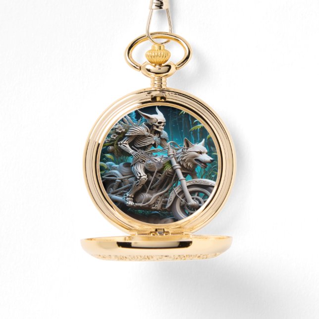 skeleton on a chopper mounted with a wolf head watch (Front)