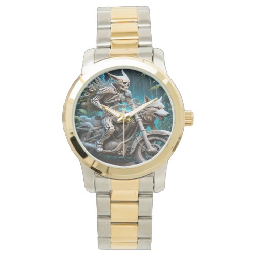 skeleton on a chopper mounted with a wolf head watch
