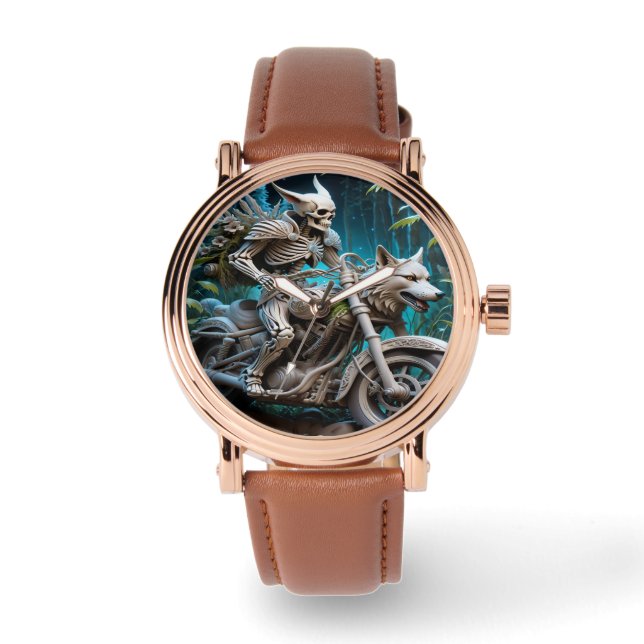 skeleton on a chopper mounted with a wolf head watch (Front)