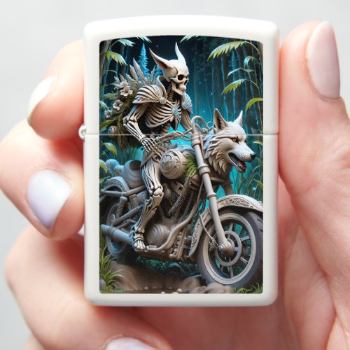 skeleton on a chopper mounted with a wolf head zippo lighter