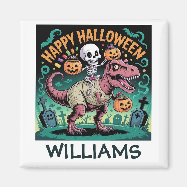 Skeleton on Mummy T-Rex – Spooky Dino Rider Magnet (Front)