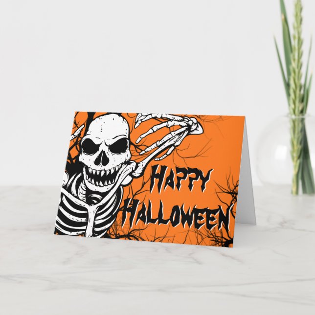 Skeleton Orange Black Spooky Happy Halloween Card (Front)