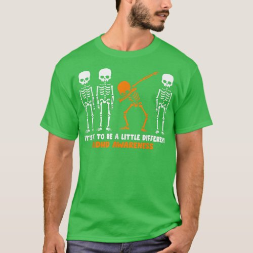 Skeleton Orange Ribbon ADHD Awareness Halloween  T_Shirt