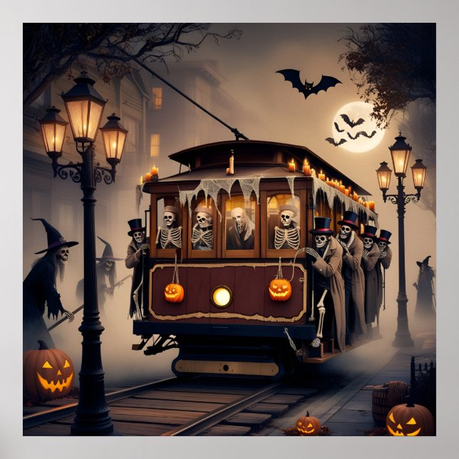 skeleton passengers riding in cable car halloween poster (Front)