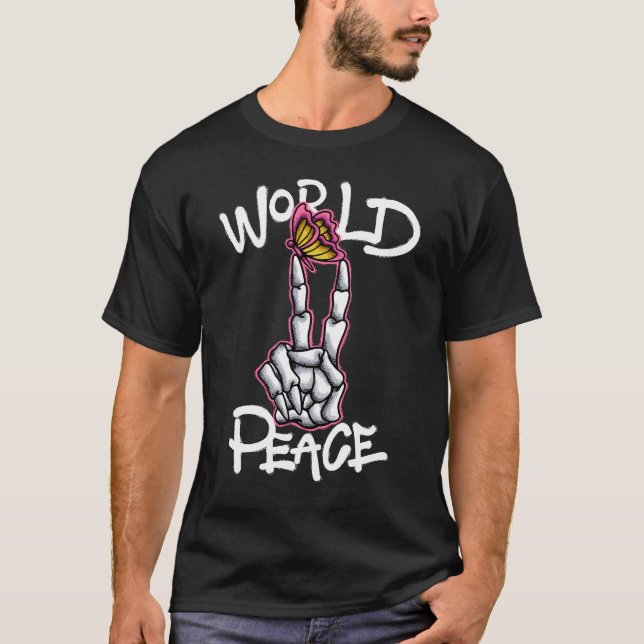 Skeleton Peace Sign with Butterfly streetwear  T-Shirt (Front)
