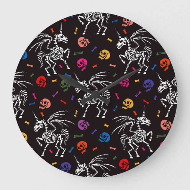 Skeleton Pegasus: colorful skulls pattern. Large Clock (Front)
