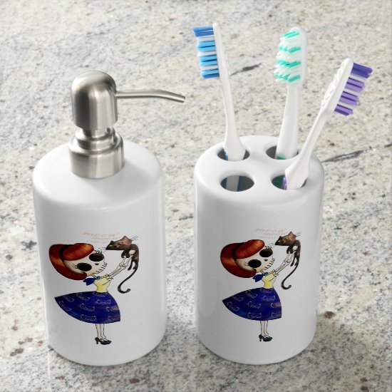 Skeleton Pin up Girl with her Cat Soap Dispenser And Toothbrush Holder