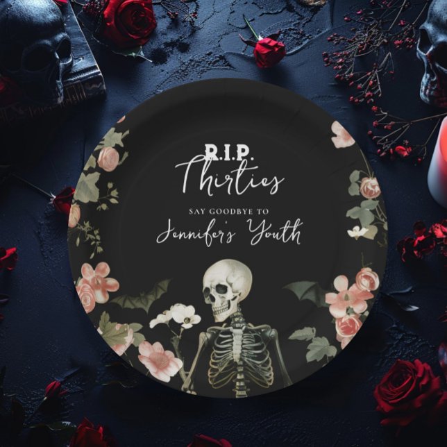 Skeleton Pink Floral RIP 30s 40th Birthday Party Paper Plates (Creator Uploaded)