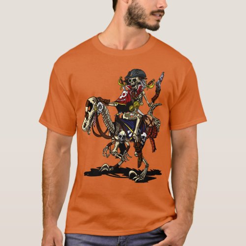 Skeleton Pirate Captain Riding Dinosaur T_Shirt