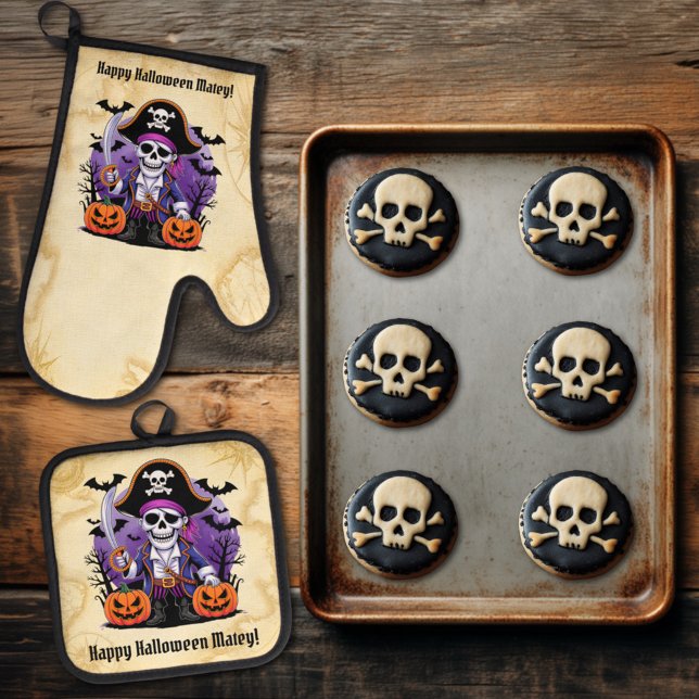 Skeleton Pirate Happy Halloween Matey Oven Mitt & Pot Holder Set (Creator Uploaded)