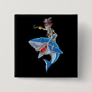 Skeleton Pirate Riding Shark Cute Boys Halloween Button
