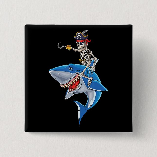 Skeleton Pirate Riding Shark Cute Boys Halloween Button (Front)