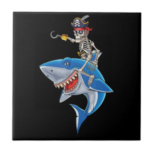 Skeleton Pirate Riding Shark Cute Boys Halloween Ceramic Tile