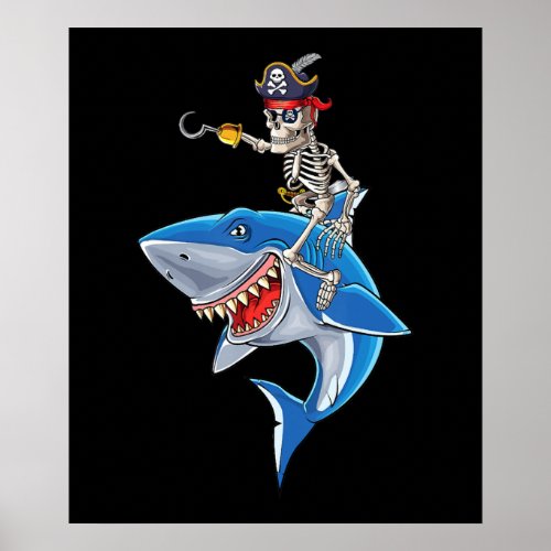 Skeleton Pirate Riding Shark Cute Boys Halloween Poster