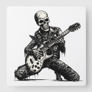 skeleton playing an electric guitar square wall clock