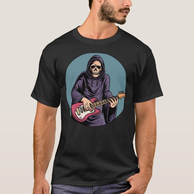 Skeleton Playing Bass Guitar Bassist Skull Tattoo T-Shirt (Front)